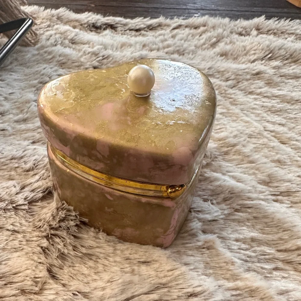 Handcrafted hand painted artisan ceramic pink gold jewelry trinket box